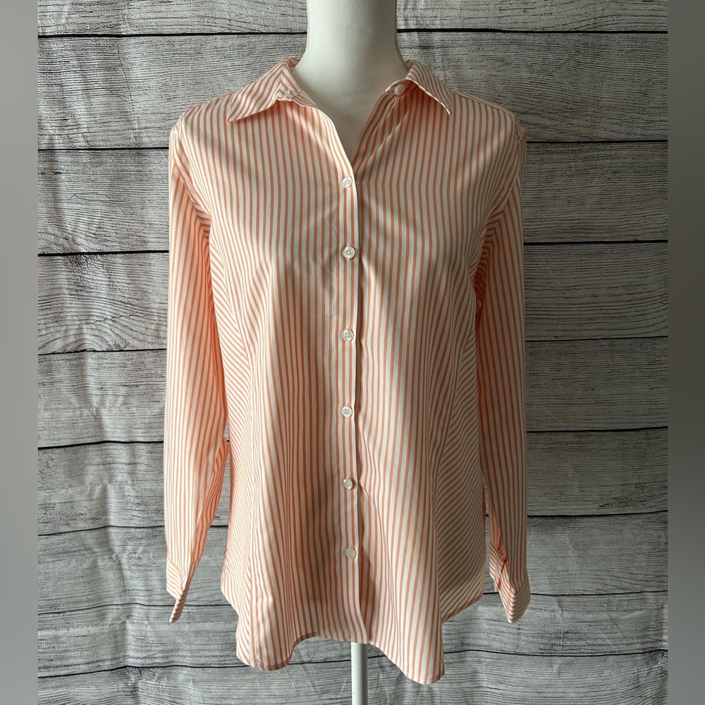 Chico’s No-Iron orange and white striped button up size 2